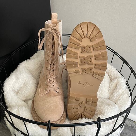 Sam Edelman Lydell Tan Lace Up Knit Sock Leather Combat Boots - Picture 4 of 5